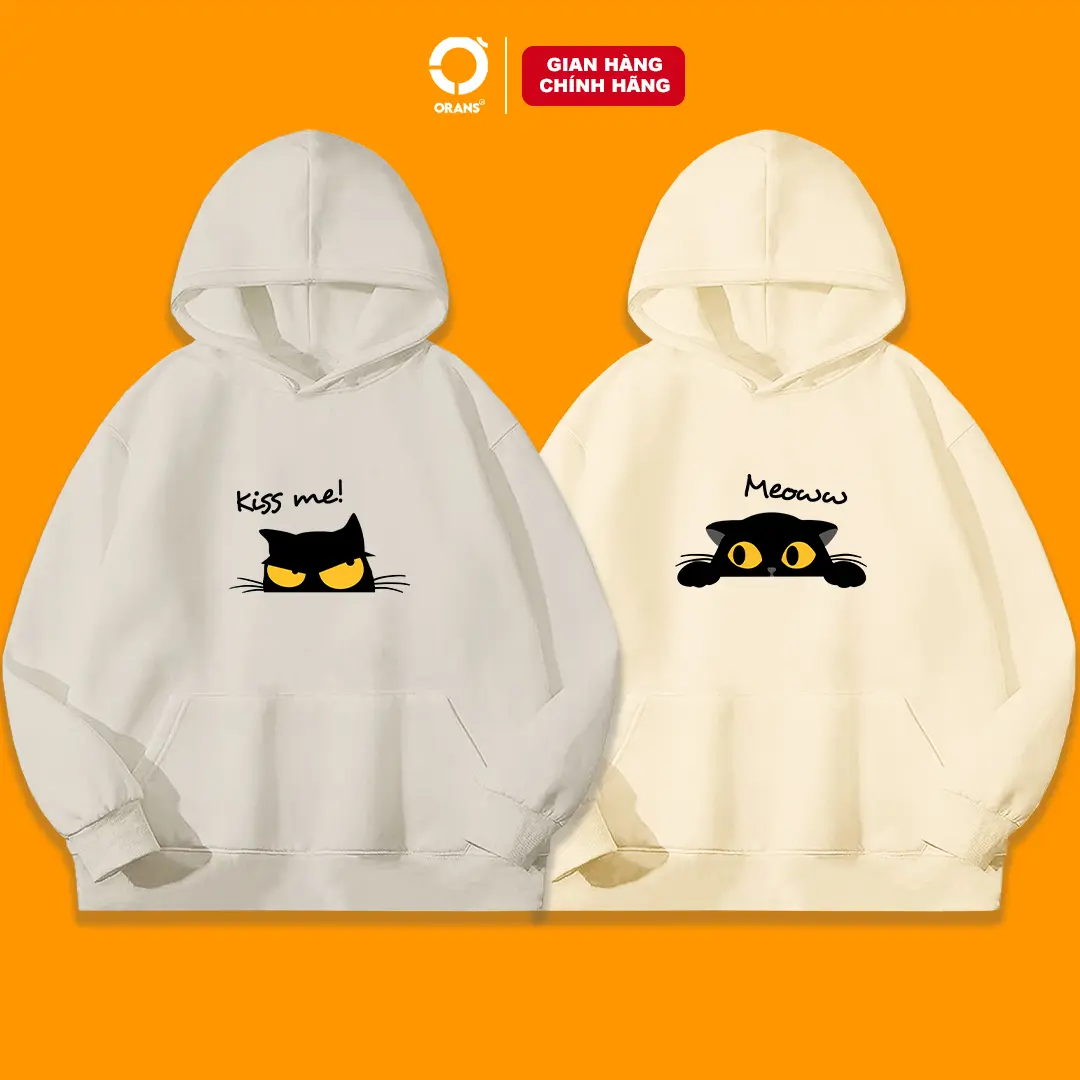 Áo Hoodie in hình kiss me meow ORANS Oversize chất nỉ cotton lót lông, FULLBOX ORANS COUPLE - BASIC Nam Menswear Dài Tay