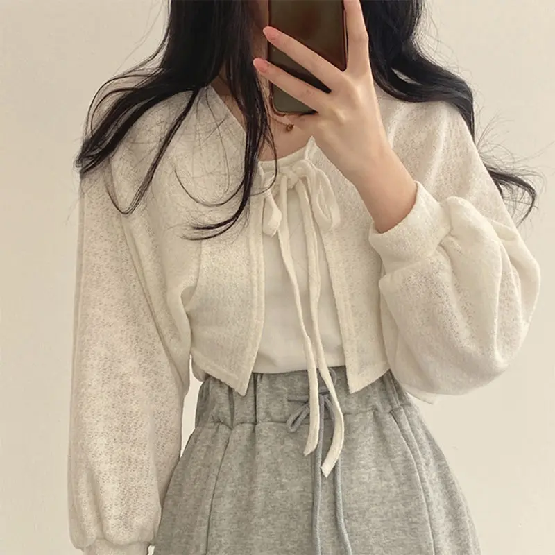 Áo Cardigan Dệt Kim Ngắn Cho Nữ, Thời Trang Retro, Áo Khoác Mùa Hè Thường Ngày, Mỏng, Dài Tay, Chống Nắng Women Nhung Top Trắng