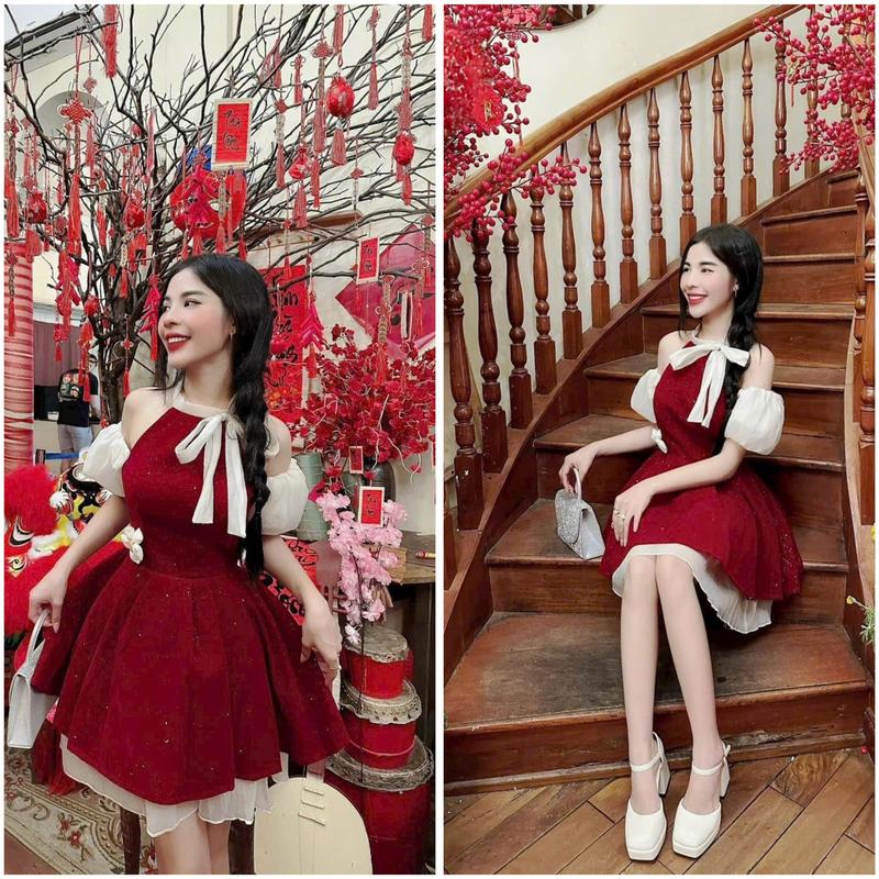 Váy đầm mặc noel mặc tết nữ chất nhung cổ yếm cột nơ trễ vai tay bồng phom xòe dễ thương