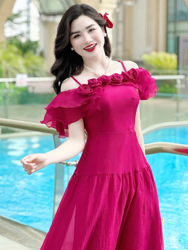 [MIỄN SHIP] MDU4122 Váy Tơ Vân Hàn 2 Lớp - Thiết Kế Dáng Xòe Thanh Lịch Dành Cho Nữ Women Màu Hồng Dress 4