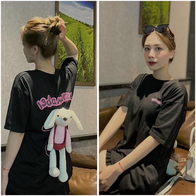 Áo phông cotton 4chiều thêu gấu sau lưng-thỏ mặc yếm đỏ  đeo sau lưng  từ 40-70 kg Top Nữ Cổ Tròn Women Voi Kem