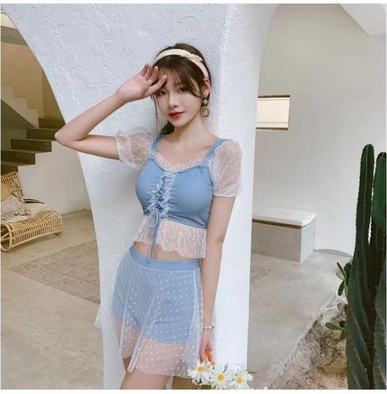 Product Introduction of Lace Swimwear Ladies Korean Swimsuit Fairy Lotus Leaf One-piece Boxer Skirt Short Sleeve Chest Pad Conservative Belly Cover Girl 8