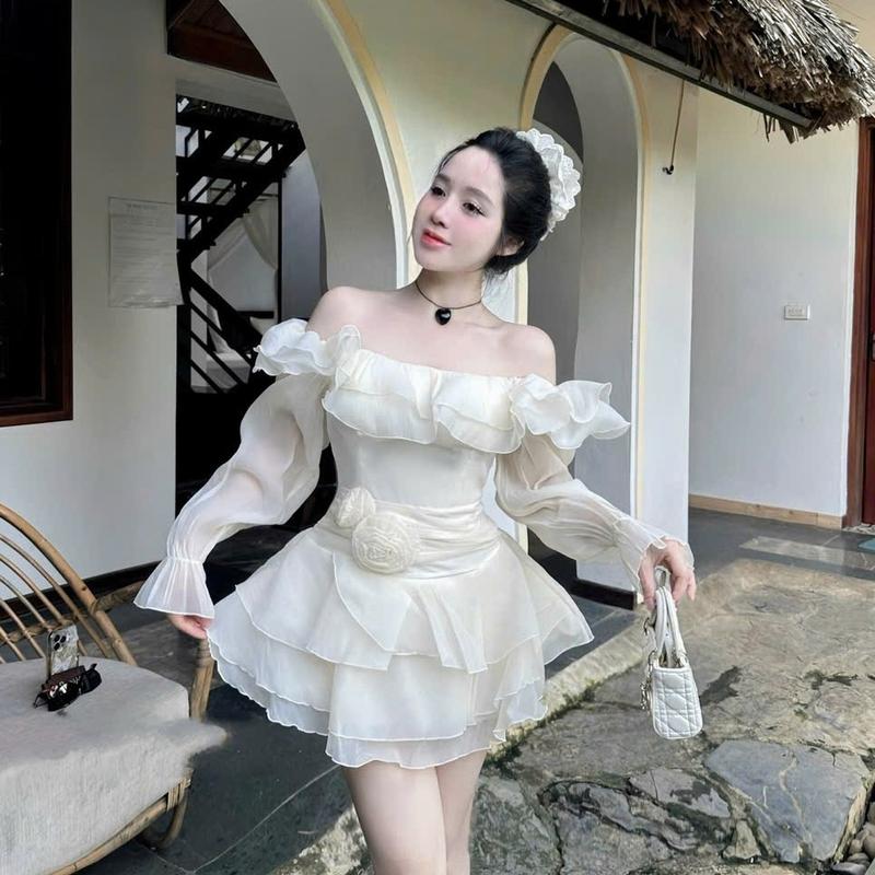 Váy nữ trễ vai tiểu thư  sang chảnh  2 hoa tơ bèo  DÁNG NGẮN 2 kiểu ngắn tay -dài tay