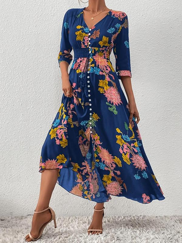 Women's Boho Floral Tied Button Front Split Long Maxi Dress, Casual Womenswear, Spring Summer Beach Vacation Half Sleeve V Neck A-line Dresses, Homecoming Dresses, Holiday Dresses, Ditsy Floral Dress 8