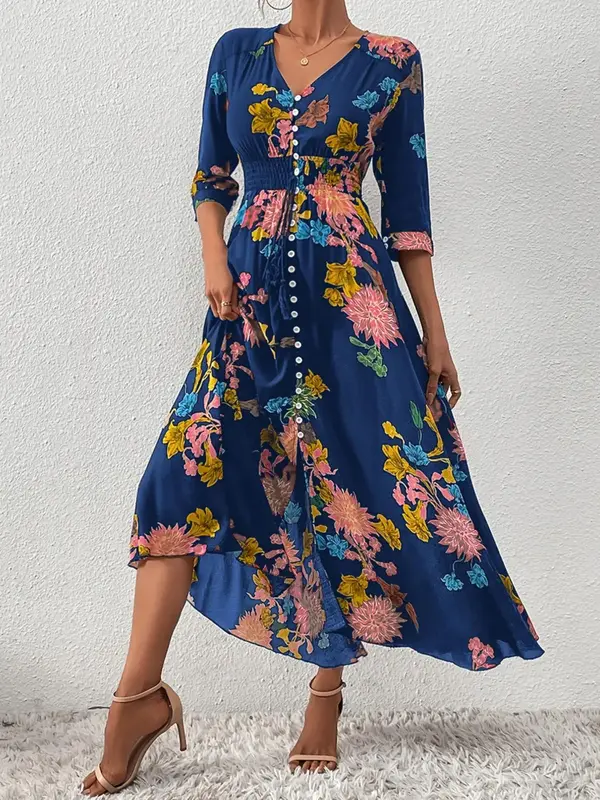Women's Boho Floral Tied Button Front Split Long Maxi Dress, Casual Womenswear, Spring Summer Beach Vacation Half Sleeve V Neck A-line Dresses, Homecoming Dresses, Holiday Dresses, Ditsy Floral Dress 8