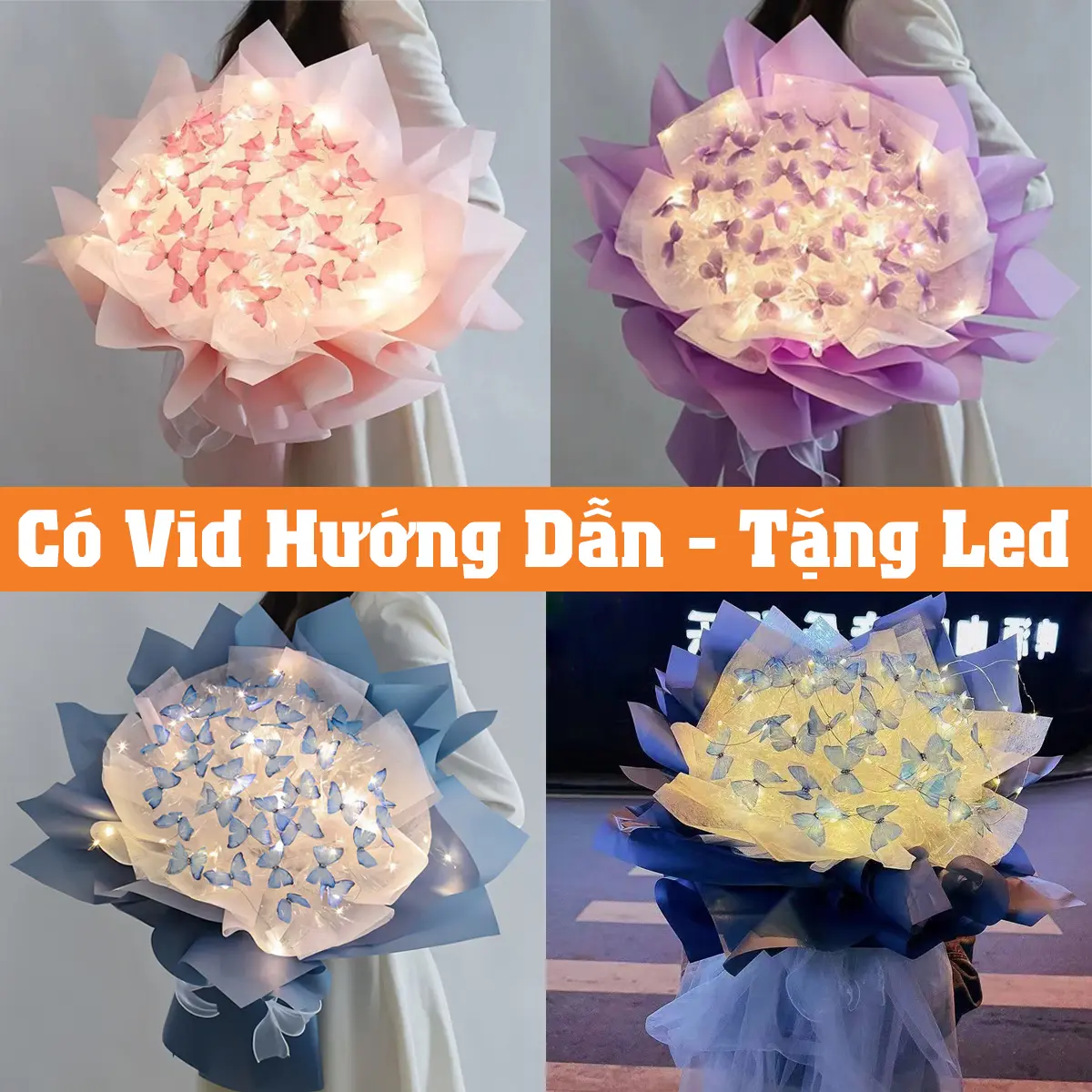 (Tặng Đèn) Bộ Vật Liệu Tự Làm Bó Hoa Hình Bướm 52 Bông Phát Sáng Tặng Bạn Gái Người Yêu Ngày Lễ, Hoa Tự Làm Handmade DIY Nhiều Màu, Làm Decor Phòng Bàn Làm Việc Trang Trí bó  hoa