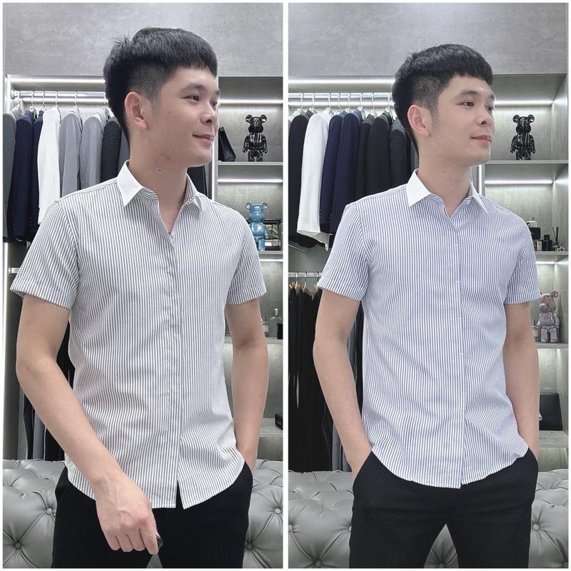 Áo sơ mi nam kẻ sọc tăm cộc tay cổ trắng