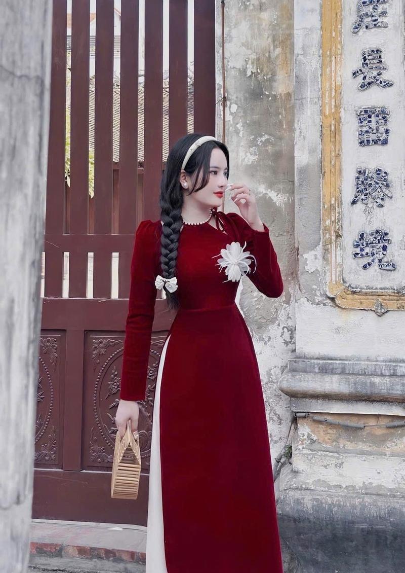Product Introduction of set ao dài nữ chat vai nhung quần lụa tuyet nhung di du xuan Women( ko co hoa cai) Dress 10