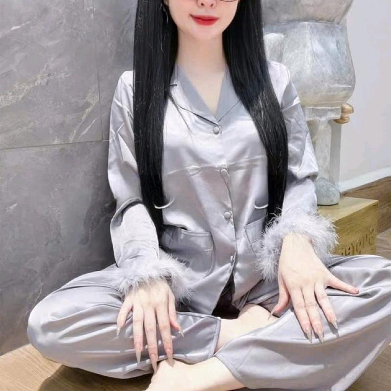 sét bộ lụa pijama lông vũ lụa latin tay dài 3 màu , free size 45_61 kg Áo Ngủ Nữ Quần Ngủ Women Voi Dài Tay 2