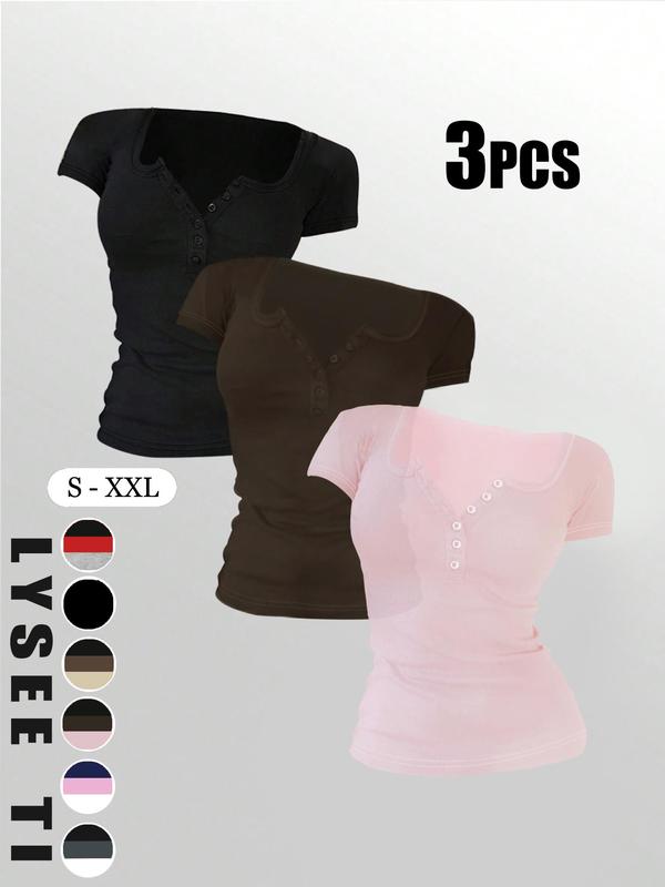 Women's Solid Button Round Neck Tee, Casual Short Sleeve T-shirt