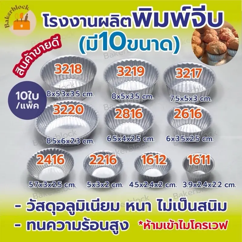 โรงงานผลิต พิมพ์จีบ ถ้วยจีบอลูมิเนียม (แพ็ค 10ใบ) อบขนม 1611/1612/2216/2416/2616/2816/3217/3218/3219/3220 ใช้ซ้ำได้