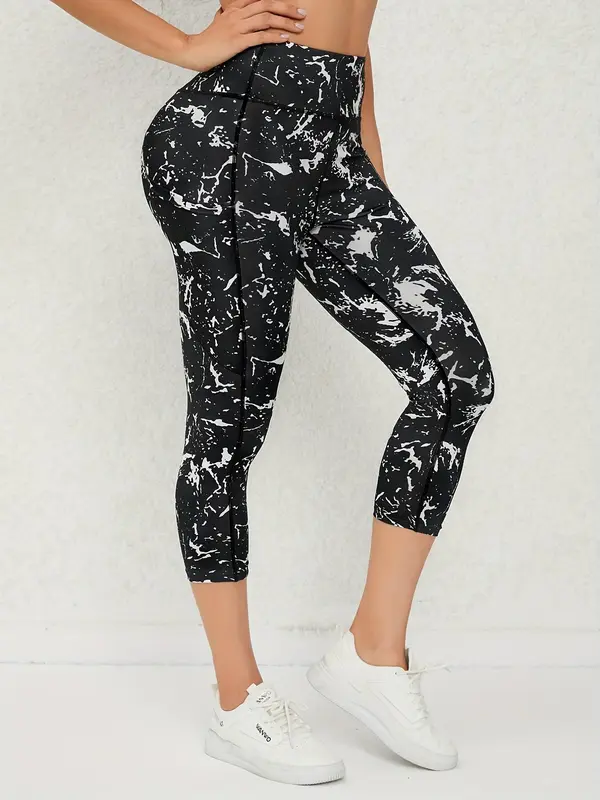 Women's All Over Print High Waist Sports Leggings, Casual Sporty Comfy Breathable Capri Skinny Pants for Yoga Gym Workout Running, Women Sport & Outdoor Clothing for Summer Spring Fall 3