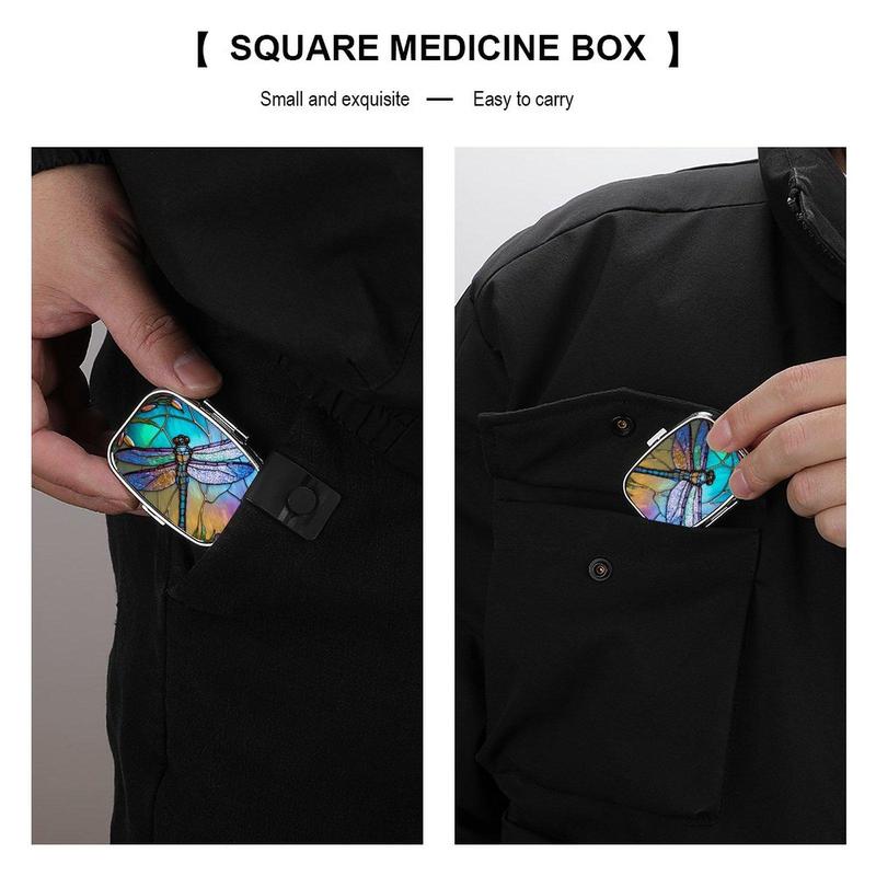Dragonfly Pattern Pill Box, 1 Count 2 Compartment Portable Medicine Storage Box with Mirror,  Decorative Metal Medicine Vitamin Organizer for Pockets Purses Travel Office Dormitory 3