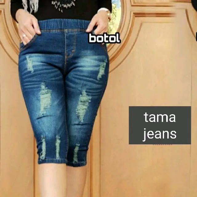 Celana Jeans Wanita 7/8 Sobek Pinggang Karet Biru Dewasa Remaja Retro Stretch Nyaman Panjang Melar