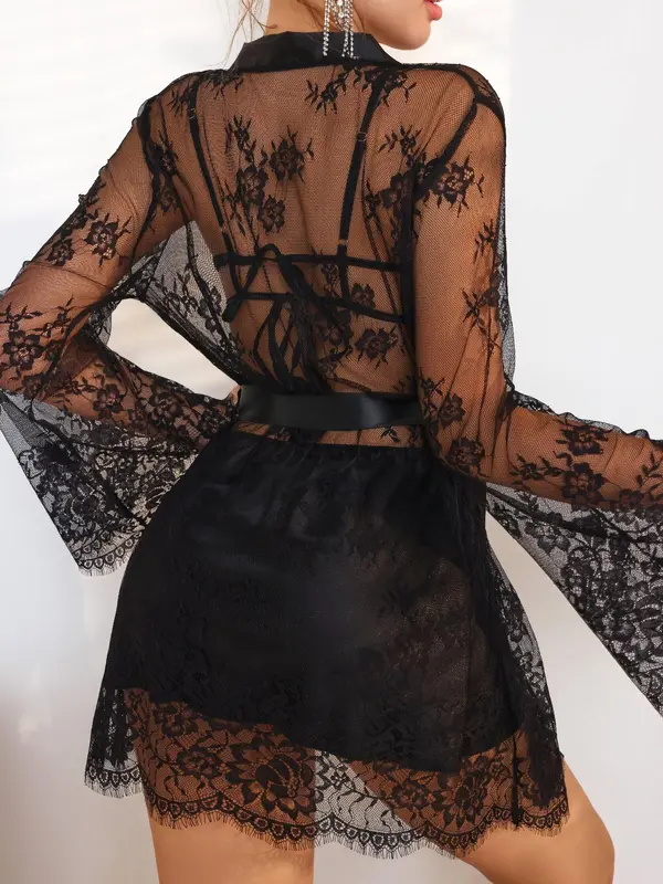 Women's Solid Lace Cami Nightdress & Sexy Robe Lingerie Two-piece Set, Loose Strap Nightgown & Panty Set, Women's Sleepwear for All Seasons 7