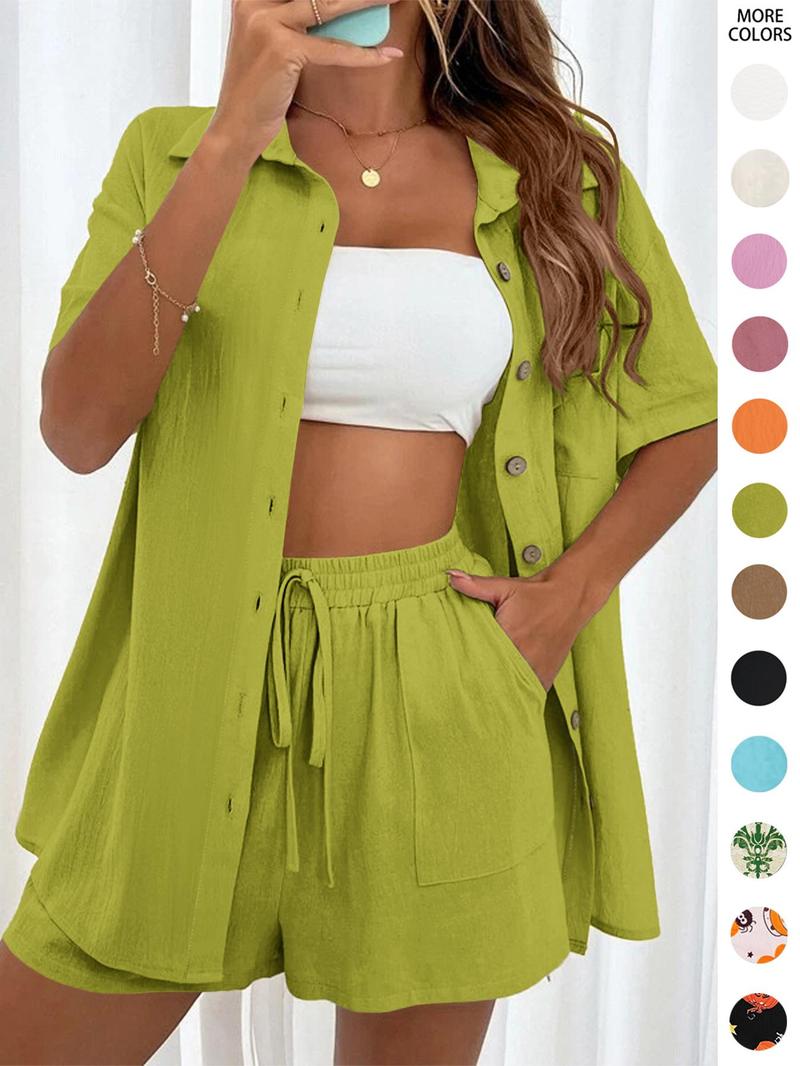 Product Introduction of Solid Co-ords for Women, Casual Short Sleeve Button Front Shirt & Tie Front Pocket Shorts Summer Two Piece Set, Boomtown Outfits, Holiday Outfits, Co-ord Set Outfits, Women's Clothing Co Ord Sets, Summer Outfits 2024, Tall Clothing Women 12