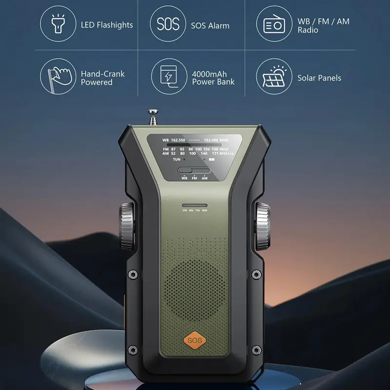 Emergency Weather Radio, Portable 4000mAh AM/FM/NOAA Weather Radio with Power Bank & SOS Alert Function, USB Type-C/Solar/Hand Crank 3 Modes Charging Radio for Outdoor 5