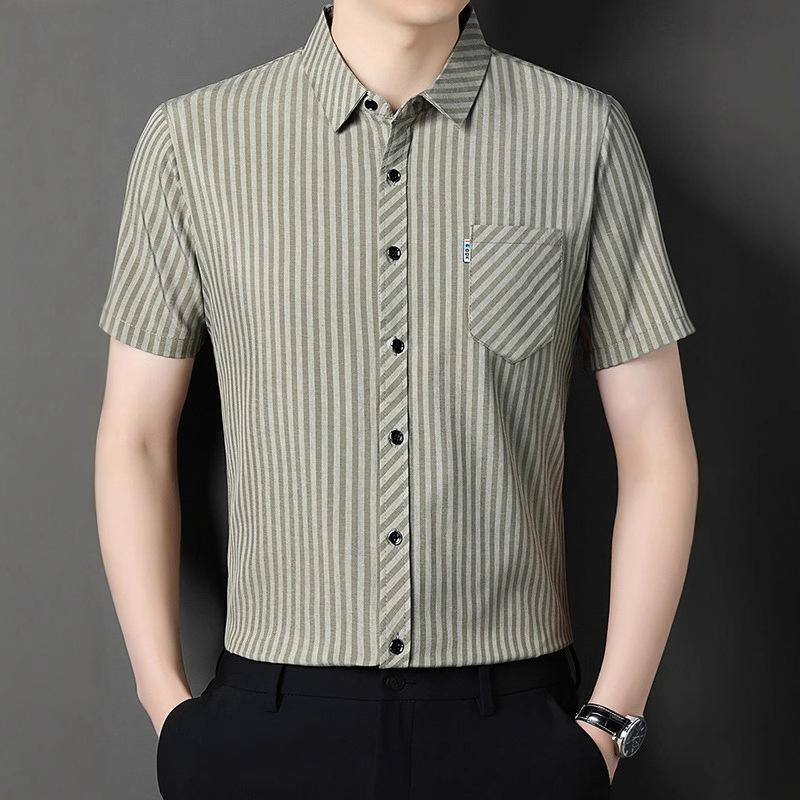 Áo Sơ Mi Nam ngắn Tay Sọc, Xu Hướng Kenz, Chất Liệu Lụa Lạnh Nhẹ, Thích Hợp Cho Mùa Hè, Phong Cách Công Sở Thường Ngày Thoáng Khí, Áo Mỏng, Thích Hợp Cho Nam Trung Niên