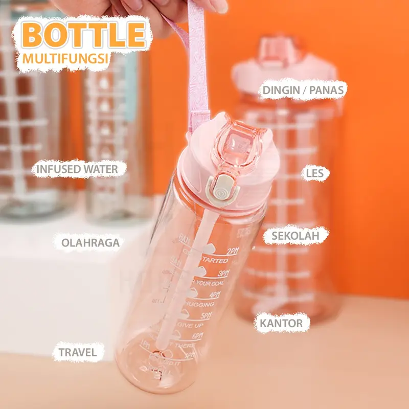 HUGO Botol Minum Motivasi 1 Liter Transparan Bening Botol Air Anak dengan Sedotan Premium BPA FREE 5