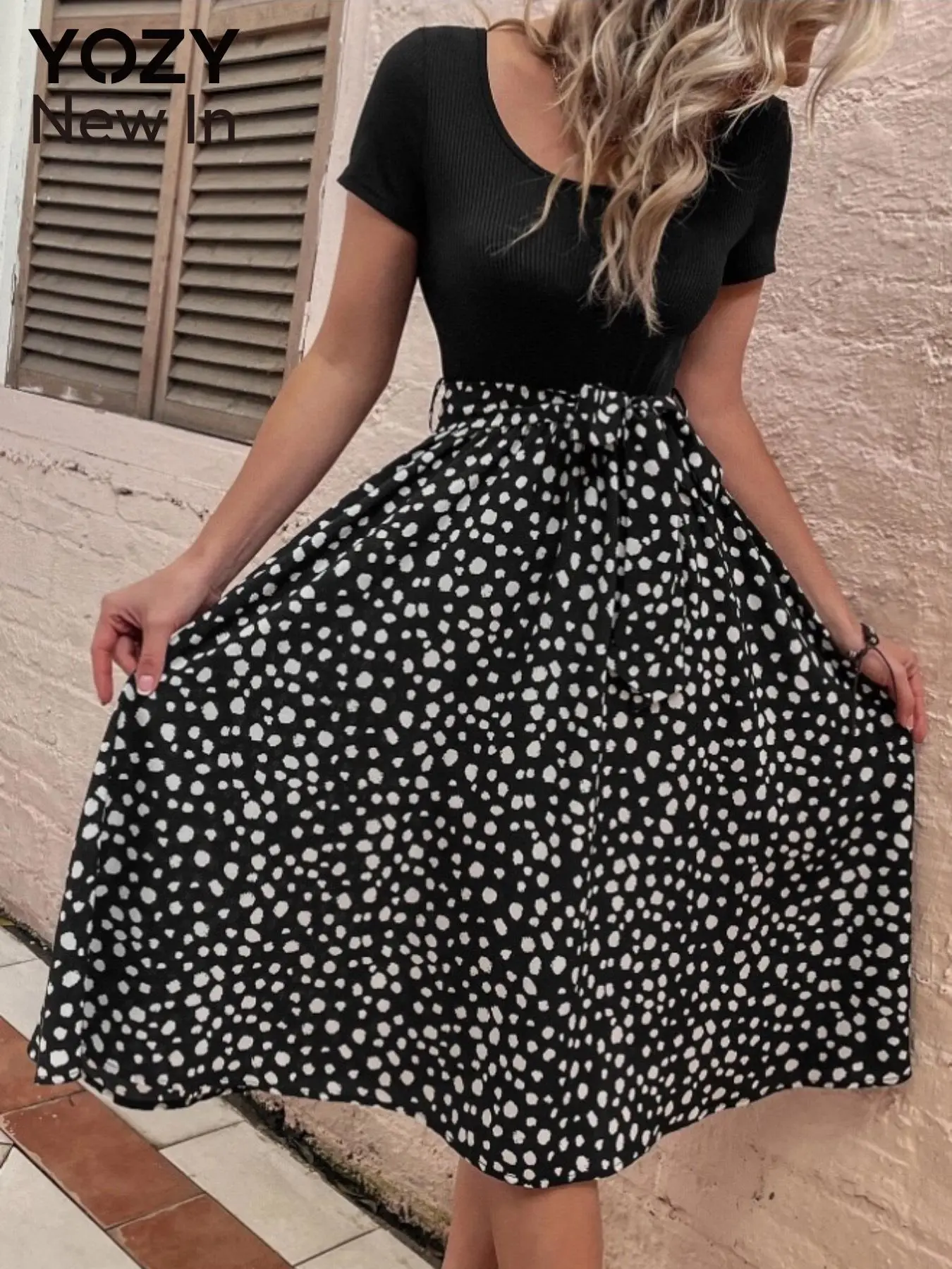 YOZY Women's Polka Dot Patchwork Print Dress, Casual Short Sleeve Dress for Summer, Ladies Clothes for Daily Wear
