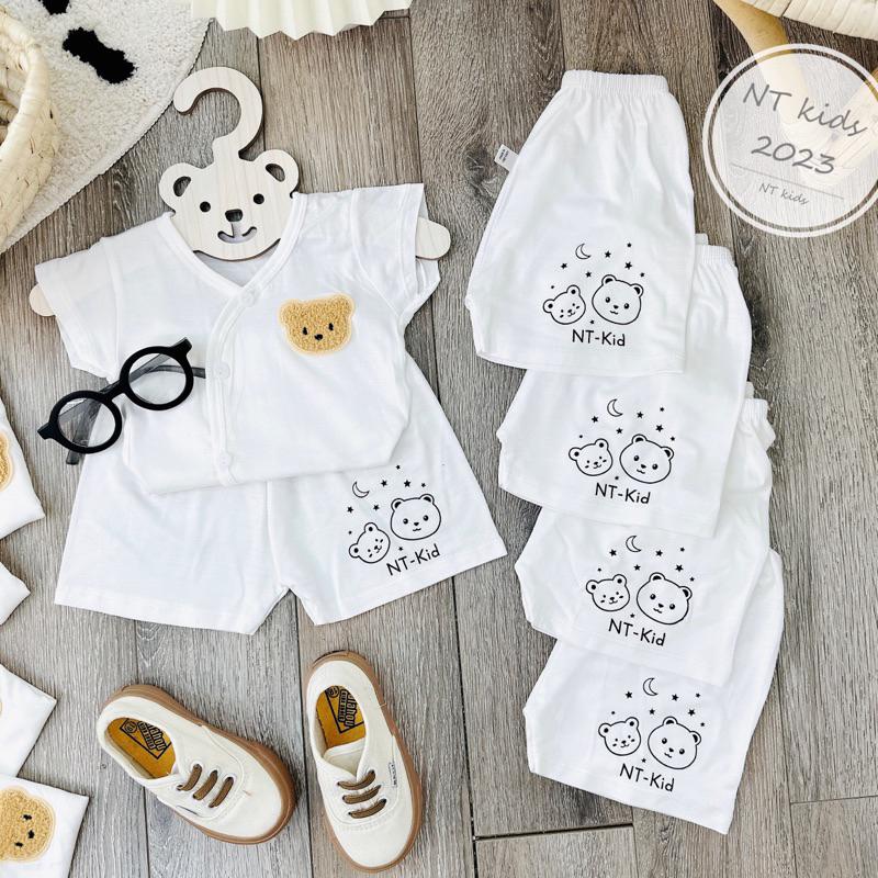 Đồ bộ sơ sinh thun lạnh peptit Bộ cộc tay trắng gấu nâu cho bé trai bé gái NT Kids Áo Thun