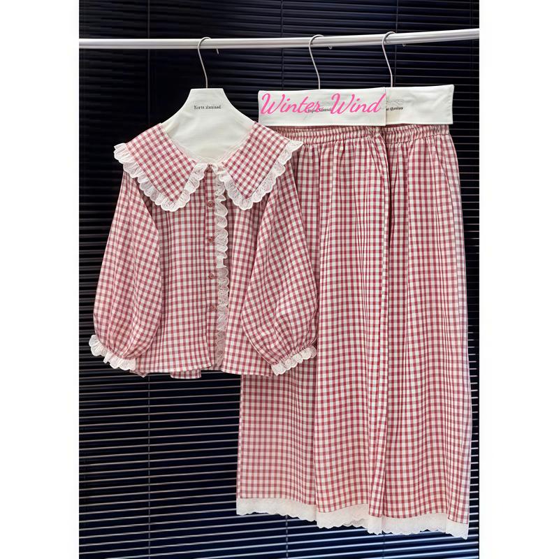(Winter Wind) SÉT BỘ PYJAMA DÀI KẺ BÈO CÚC REN XINH SIU HÓT Win002 0