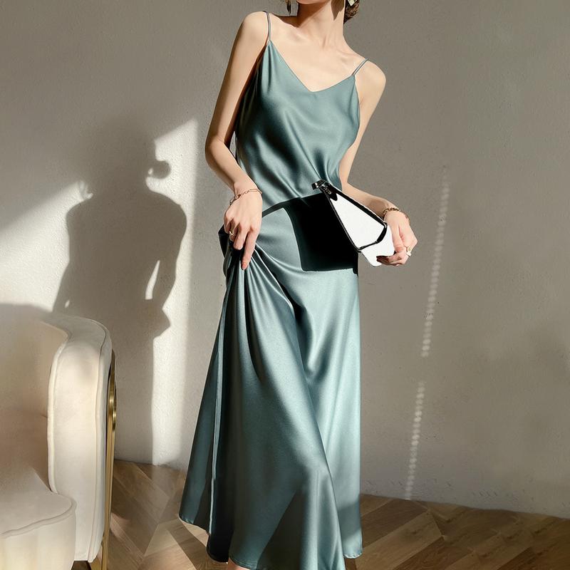 Phcalgity-Váy Giữa Satin Cho Nữ, Dây Mảnh, Cổ Chữ V, Cơ Bản, Không Tay, Hở Lưng, Eo Cao, Thanh Lịch, Quần Áo Mùa Hè 1