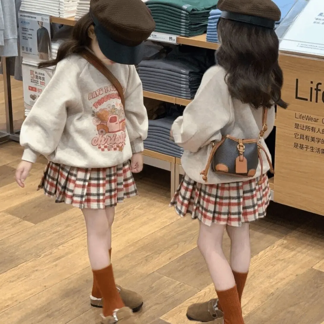 Bộ Đồ Trẻ Em, Hàn Quốc, Áo Hoodie Lông Cừu In Hình 2024, Dành Cho Bé Gái, Phong Cách Phương Tây, Thời Trang, Váy Xếp Ly Kẻ Sọc, Bộ Váy Hai Dây
