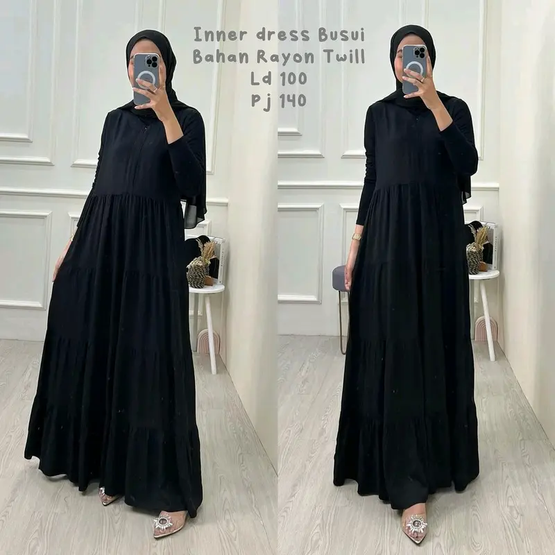 Inner Dress Rempel Susun Bahan Rayon Premium Basic Busui Tanpa lengan Panjang Casual 2