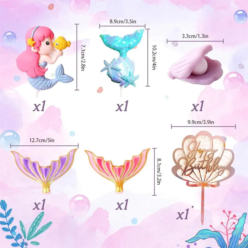 Mermaid Themed Cake Decoration Set, 6 Counts/set Mermaid Tail & Shell & Starfish & Birthday Card Cake Topper, Cake Decoration Supplies for Birthday Party, Ornaments 1
