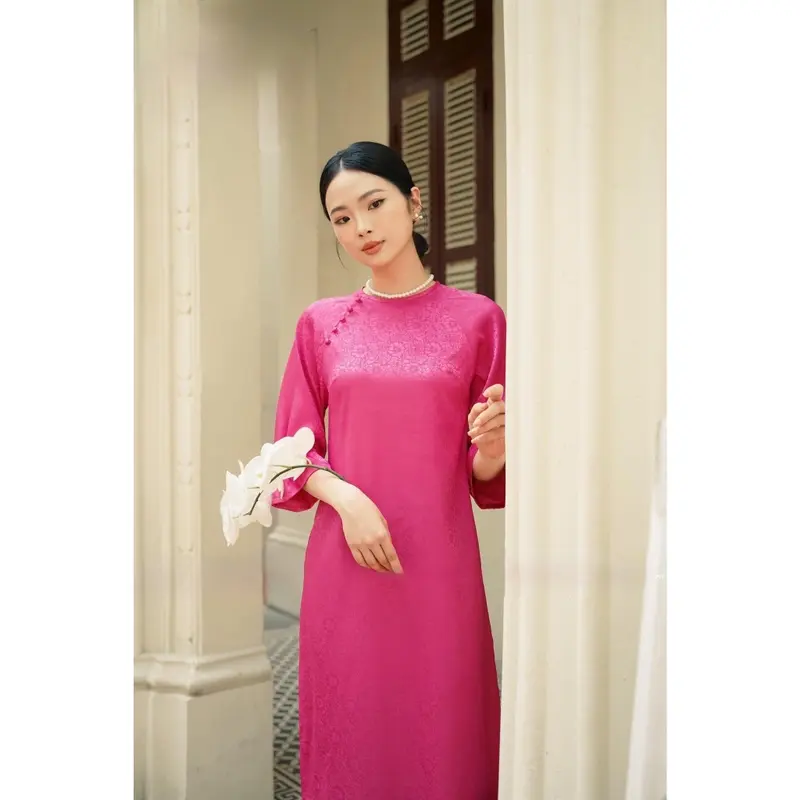 [SẴN HÀNG]Aó Dài Gấm Tơ Xuông Dáng Xưa Tay Loe Đính Cúc Bọc Diện Tết Du Xuân hot trend 2025, nữ, women dress - Áo Dài Mỹ An 4