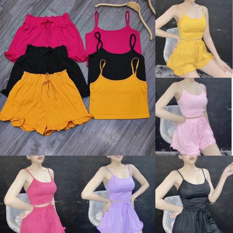  Đồ ngủ Đồ bộ nữ 2 dây thun đùi mặc nhà Bộ ngủ 2 dây thun chất mát lạnh siêu mát gân tăm mềm mịn mã 06 