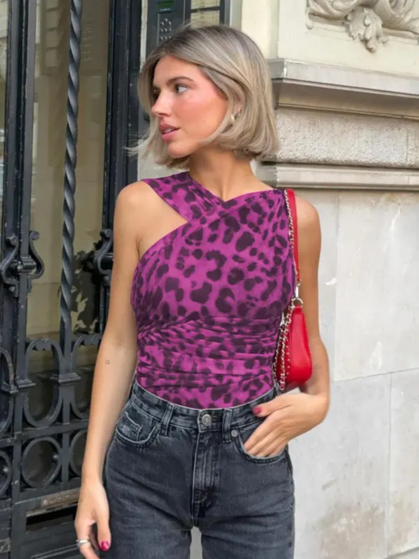 Women's Leopard Print Asymmetrical Neck Ruched Mesh Bodysuit, Fashion Casual Sleeveless Fit Bodysuit for Summer, Jumpsuit for Women, Ladies Clothes for Holiday Party Club, Nyc Clothing, Womenswear, Clothes for Women, Tops 7
