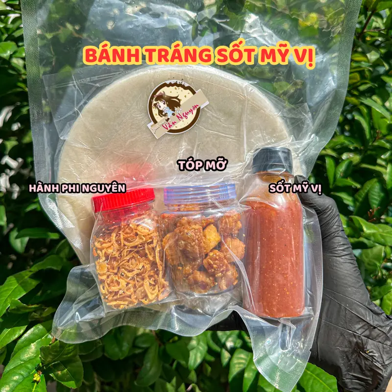 Combo sốt mỹ vị tóp mỡ bánh tráng phơi sương, sốt mỹ vị, tóp mỡ, hành phi. Bánh Tráng Vân Nguyễn ăn vặt Gia Vị Nước Sốt Cay Chua 1