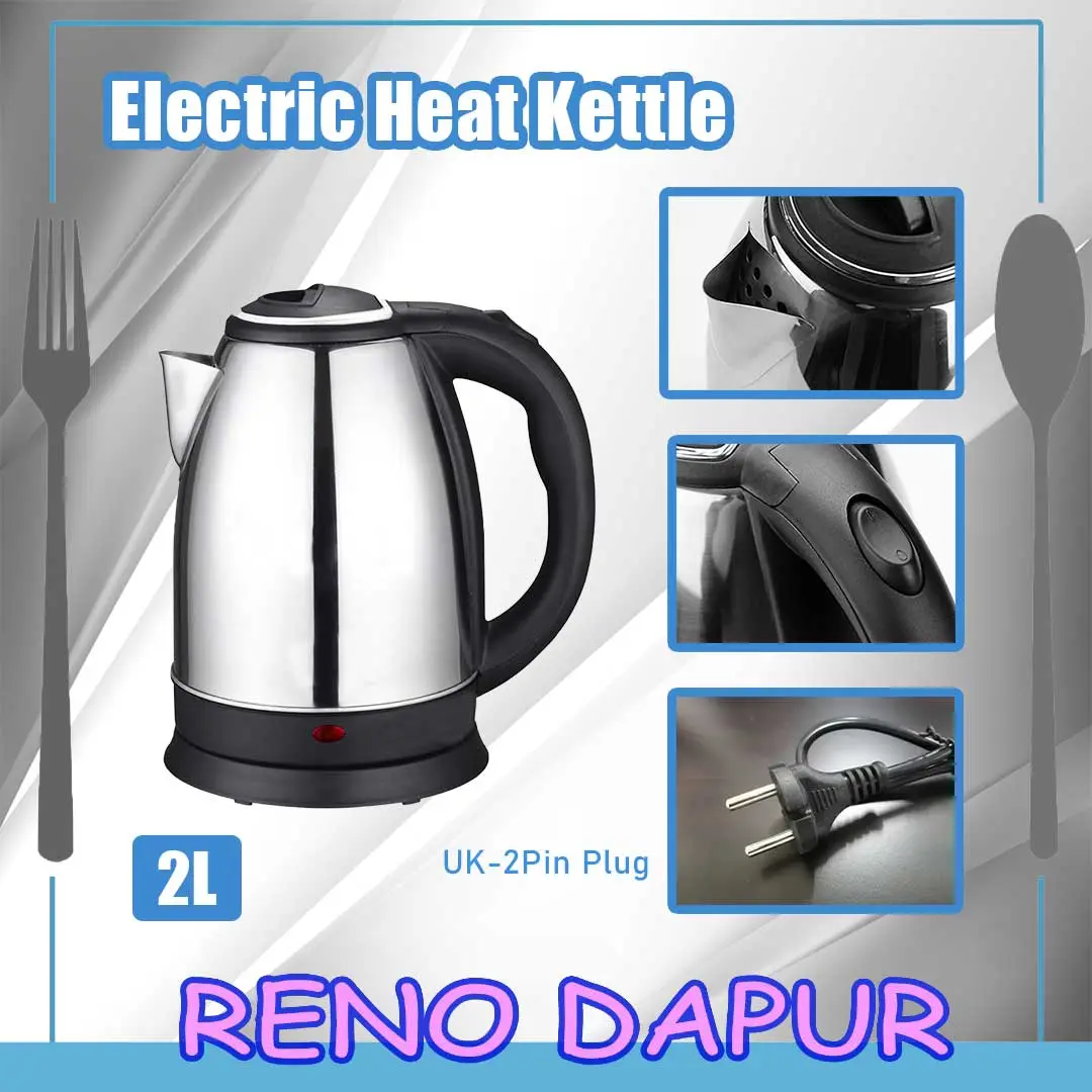 [RENODAPUR] 2 LIT ELECTRIC HEAT KETTLE JUG STAINLESS STEEL AUTOMATIC SWITCH / CUT OFF UK-2 PIN PLUG BOIL DRY PROTECTION