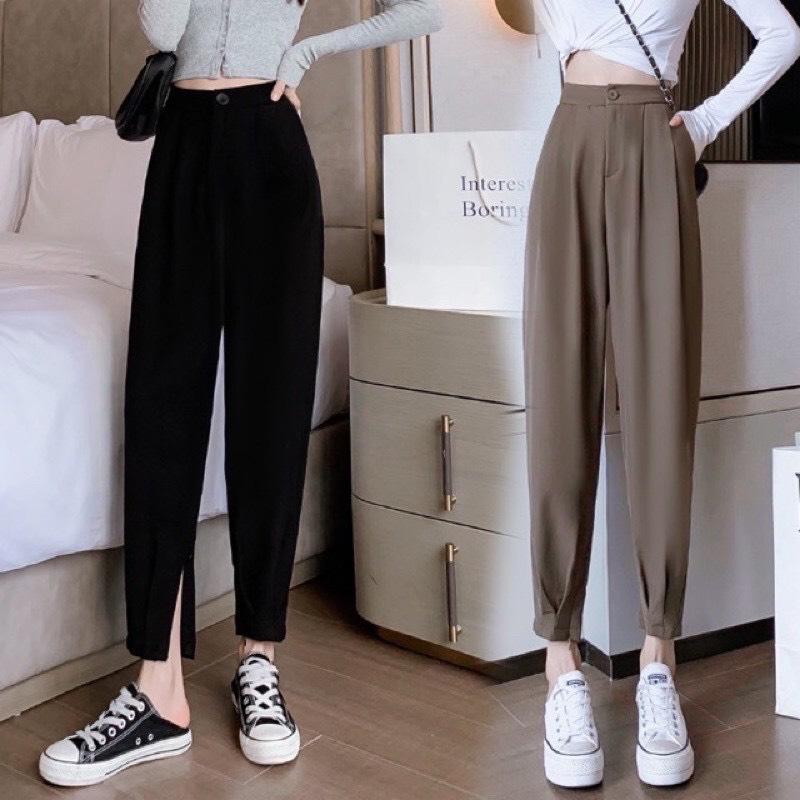 Quần baggy nữ bo chân khoá gấu , Quần tây công sở chất vải tuyết mưa dày dặn mã 115