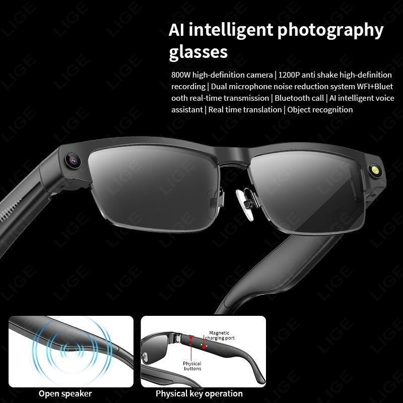 LIGE Smart Glasses Photography Video AI Intelligent Translation Smart Sunglasses Bluetooth Call Music Eyeglasses For Android iOS