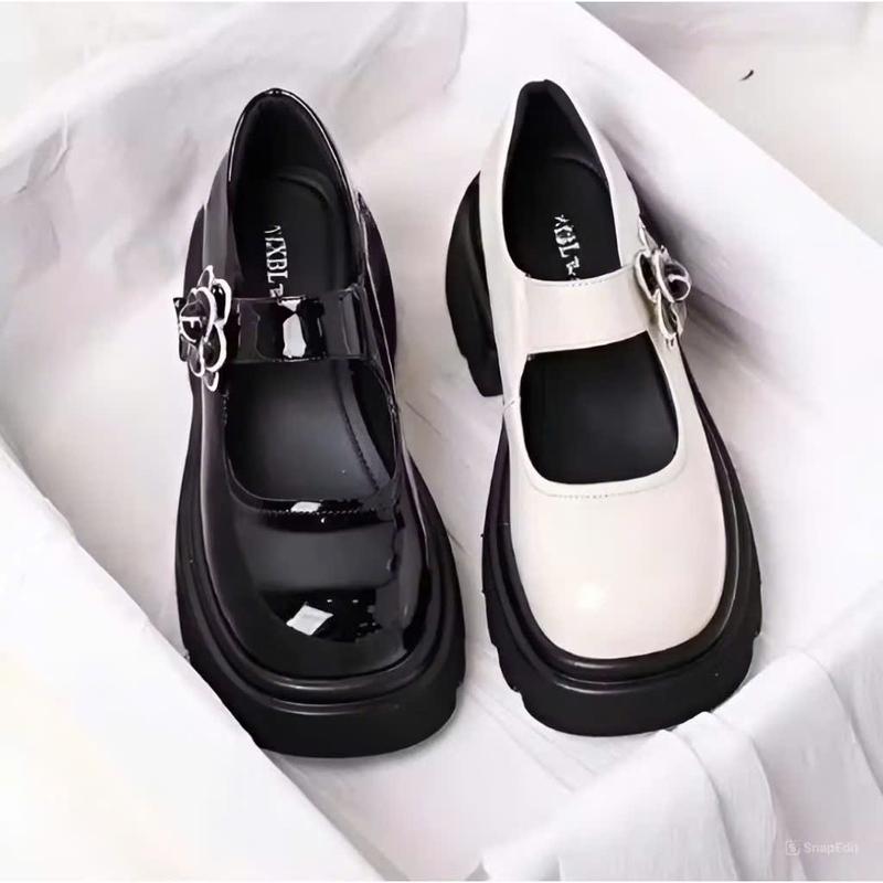 giày búp bê lobita nữ 5cm cài hoa trà chất da mềm Mũi tròn Shoes Giày Bệt