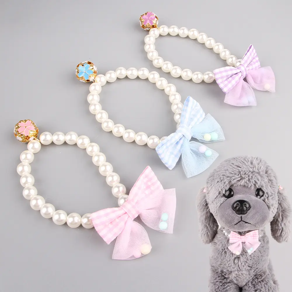 Pet Pearl Necklace Bow Elastic Collar Cat Ornament Collar Teddy Small and Medium Sized Dog Collar