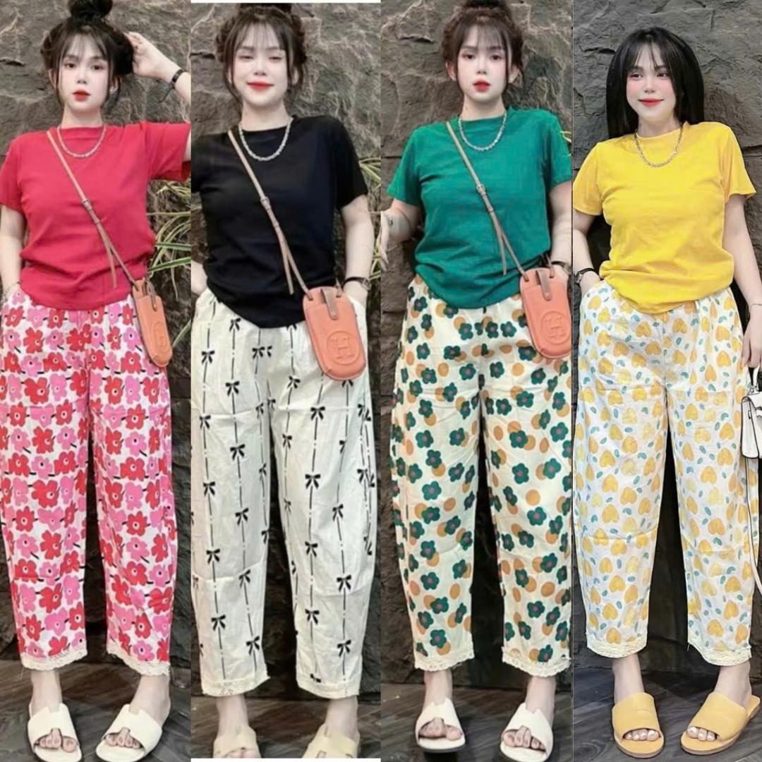 Thời Trang Bigsize Set Áo Thun Quần Hoa Vải Cotton Phối Ren Bigsize Từ 40 - 95Kg Nữ Top Women Xoè - A.1522