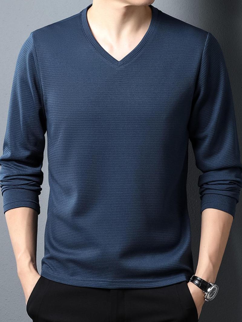 Product Introduction of Men's Solid Color V Neck Long Sleeve Tee, Regular Fit Casual Comfy T-shirt for Spring & Fall, Men's Top for Daily Wear 1
