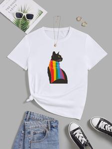 Pride Month LGBTQ+ Themed, ImprinTee Women's Cartoon Rainbow Cat Print Tee, Cute Casual Short Sleeve T-shirt, Ladies Summer Clothes