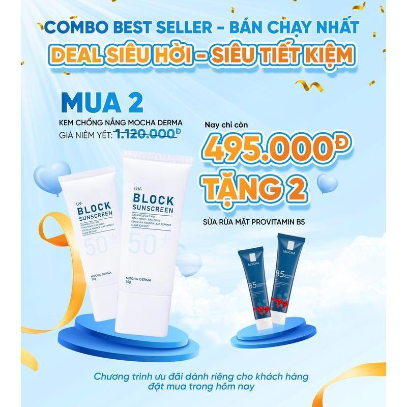 Comb 2 Kem Chống Nắng Mocha Derma + sữa rửa mặt B5