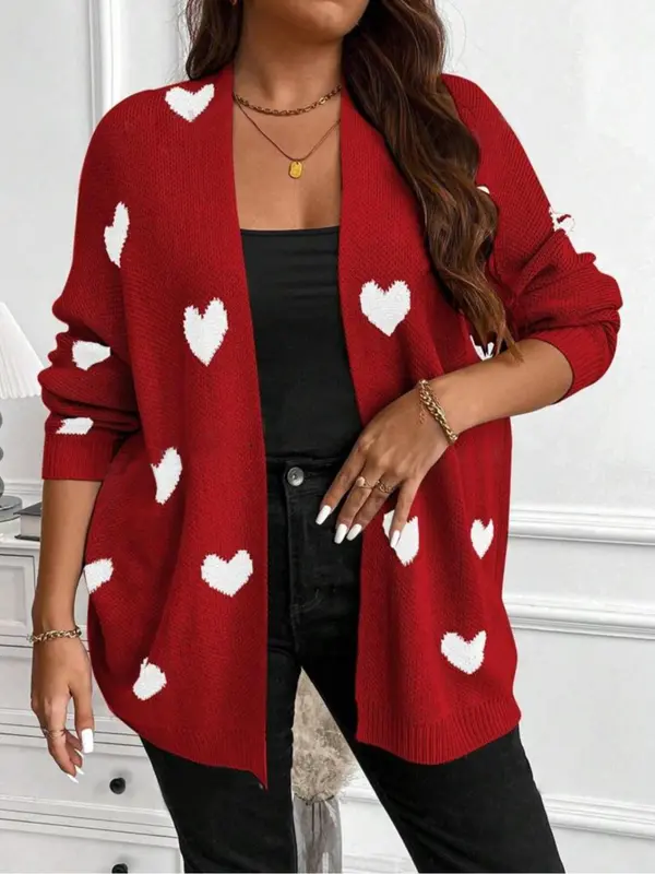 【Plus Size】 Heart Print Open Front Sweater Cardigan, Casual Long Sleeve Cardigan for Fall & Winter, Women's Plus Clothing for Daily Wear 3