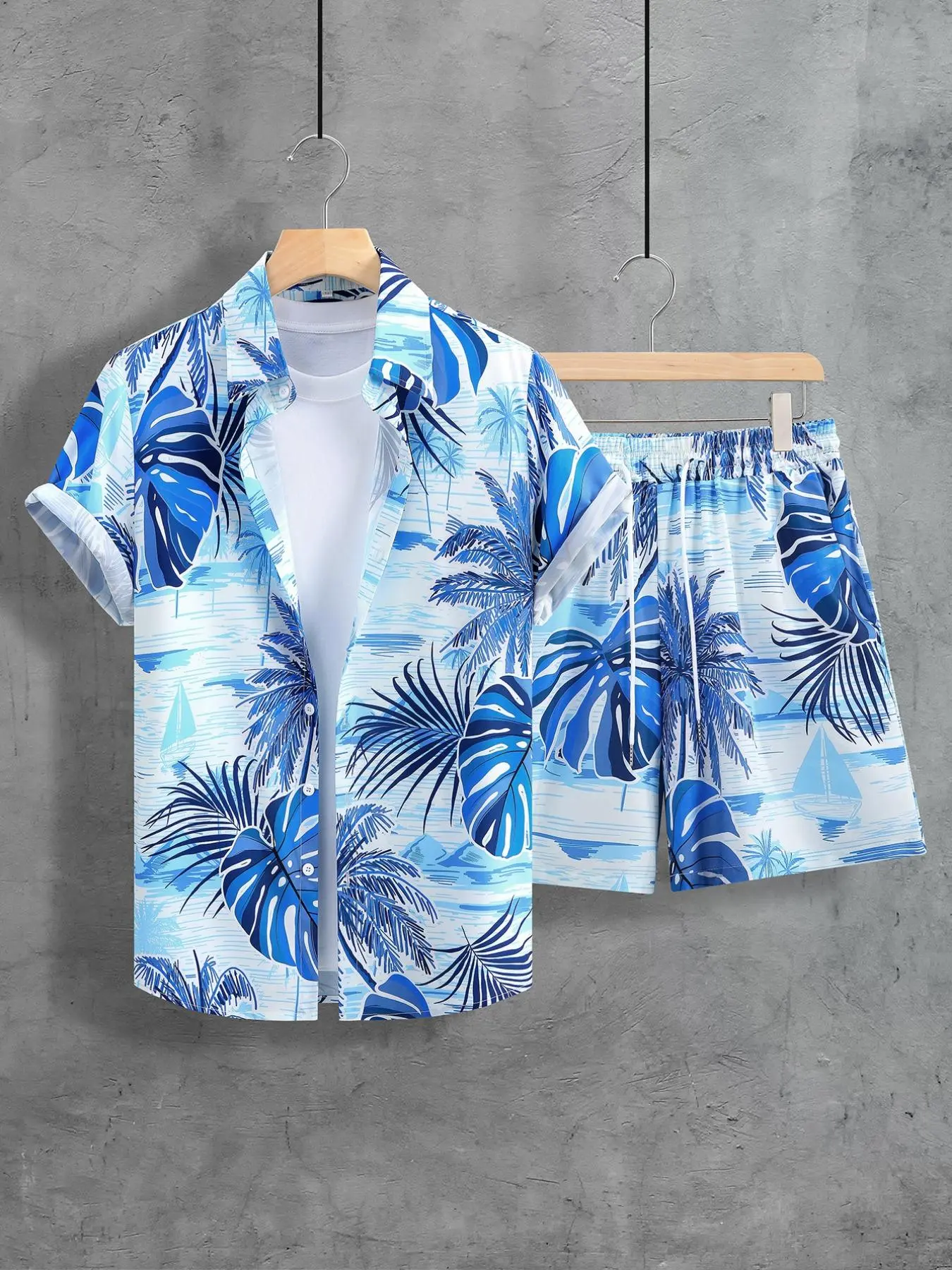 2 Counts Men's Regular Fit Tropical Print Shirt & Drawstring Waist Shorts Set Without Tee, Button Down Short Sleeve Collar Hawaiian Shirt & Shorts,  Men Clothes Set for Summer Travel Beach Vacation Occasion Wear, Men's Clothing, Summer Clothes