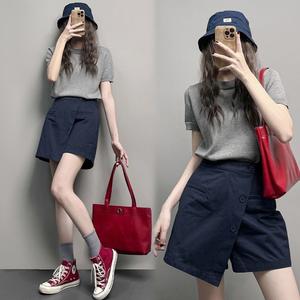 กางเกงกระโปรงเอวสูง สีน้ำเงินเข้ม สำหรับผู้หญิง ทรงหลวม กางเกงขาสั้นขากว้าง ชุดเสื้อยืด มาใหม่