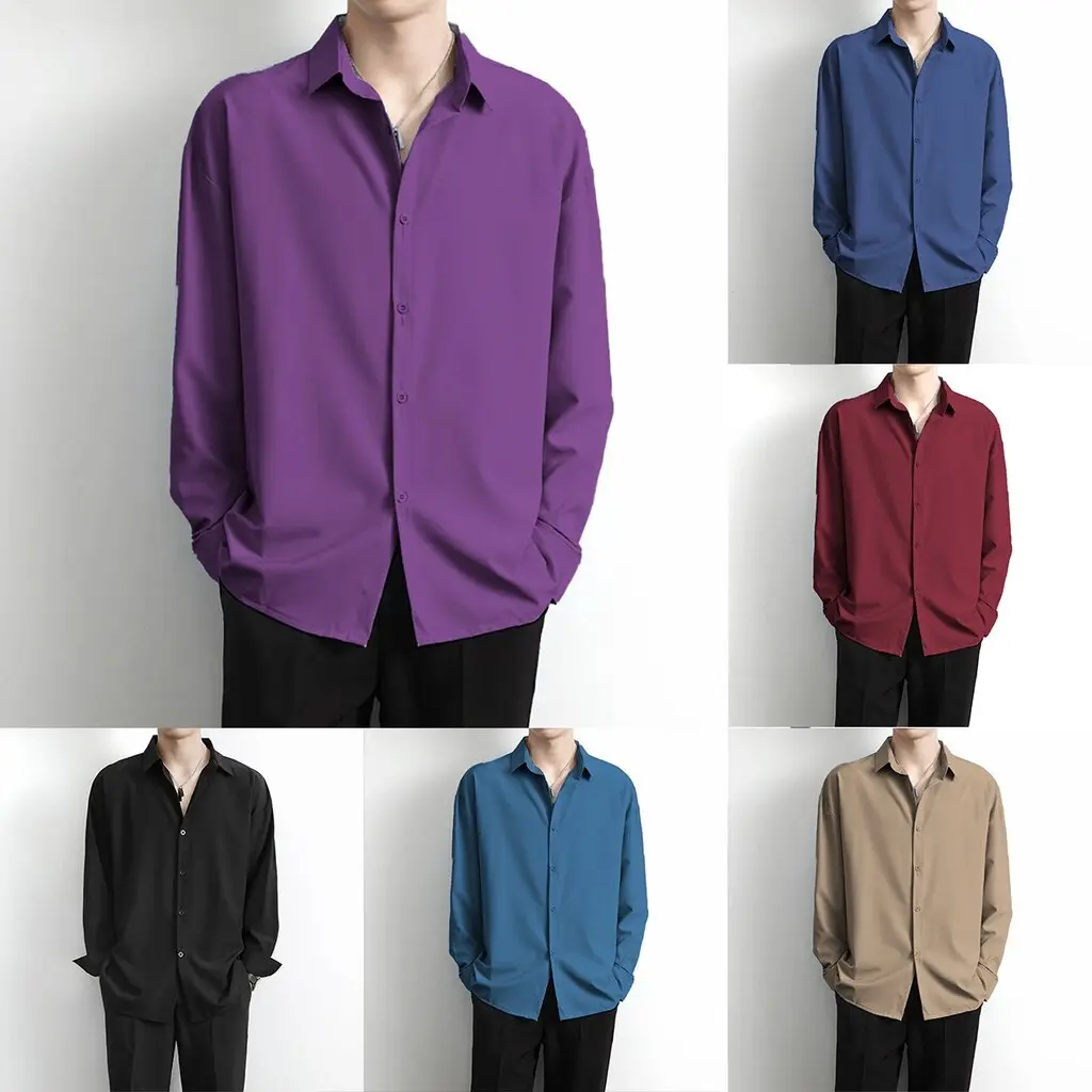 JF men's fashion Korean long-sleeved shirt white men's breathable Ice Silk 7 colors (black, khaki, purple, blue, red) size M-4XL
