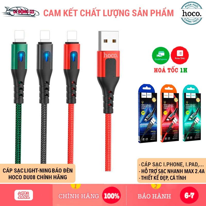 Cáp Sạc Báo Đèn Cho iPhone 5/6/ 7/8 Plus/ XsMax/X/ 11/12/ 13/14 Pro/ Promax - Hoco DU08 1M/2M - Sạc Nhanh 2.4A (12W), Cáp Dây Dù Siêu Bền [CHÍNH HÃNG]