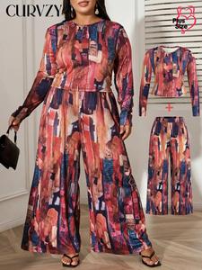 CURVZY Plus Size Two-Piece Set All Over Print Long Sleeve Tee & Wide Leg Pants, Casual Round Neck Top & Trousers for Daily Wear, Women's Two-piece Outfits for Fall