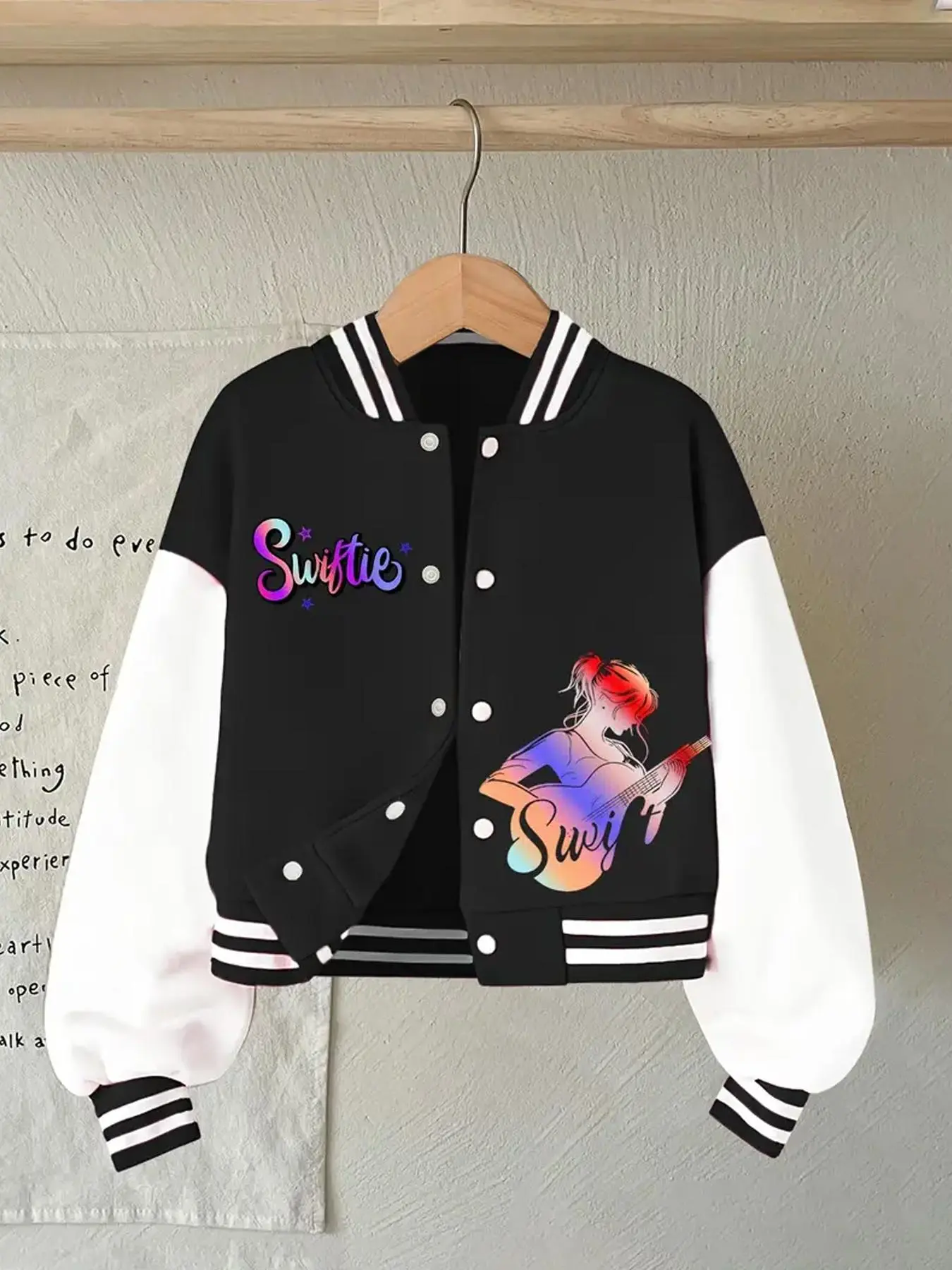 Girl's Colorblock Letter Print Drop Shoulder Varsity Jacket, Fashion Casual Button Front Outerwear for Daily Outdoor Wear, Girls Clothing for Fall & Winter